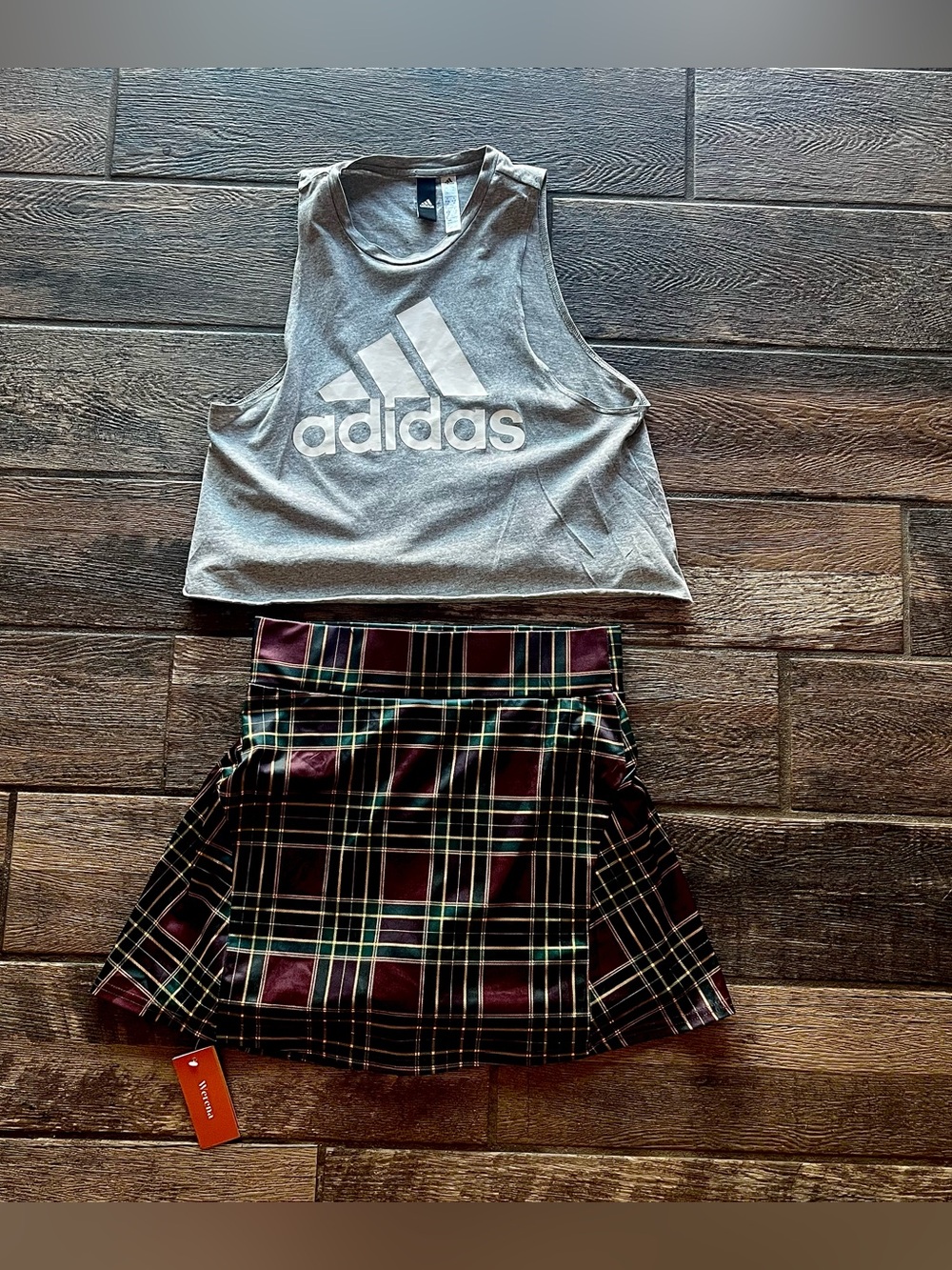 Werena plaid athletic skort skirt built in shorts plus Adidas crop top M